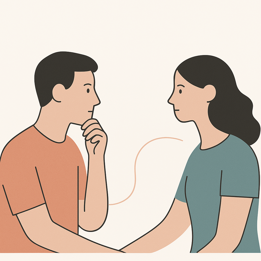 Illustration of a couple in conversation discussing relationship challenges